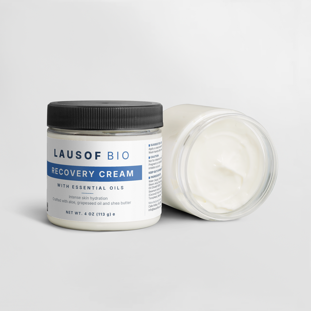 LAUSOF BIO Recovery Cream — cooling aloe and shea body cream jar, 4 oz, open jar showing texture